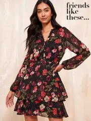 Friends Like These Black Petite Long Sleeve Printed Chiffon Mini Dress (F27428) | $64