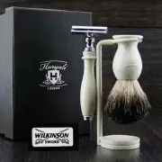 3 PCS De Safety Razor Set Men's Shaving Kit with Badger Hair Brush & Dual Stand