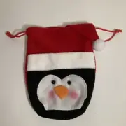 Holiday Time Black/White/Red Penquin Drawstring Felt Hat Christmas Bag, 8"x10"