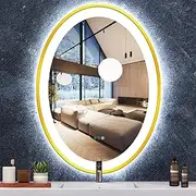 ARUMMA 28 x 36 Inch Gold LED Oval Mirror with Lights 3 Color Gold Frame Oval Lighted Vanity Mirror for Bathroom Wall Gold Oval Smart Mirror Dimmable Anti Fog 36 Inch Golden Oval Light up Vanity Mirror
