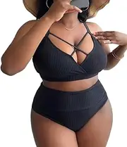 [E EMZHOLE] Plus Size Women's Bikini Sets Push Up Cross Bikini Tops & High-Waisted Bikini Bottoms Tummy Control Swimwear