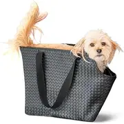 NoblePup Luxury Woven Dog Purse Carrier - Cozy Faux Leather, Secure Harness Clip, Black Tote Bag for Small Dogs and Puppies