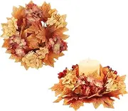 2Pcs Fall Decorative Candle Ring,Candle Rings Wreaths Mini Artificial Fall Leaves Candle Wreaths Candlestick Holder Thanksgiving Halloween Decorative Candle Rings for Wedding Party Table Decor/1429