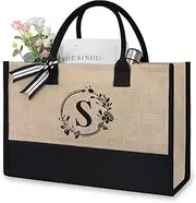 [TOPDesign] Personalized Initial Jute/Canvas Beach Bag, Monogrammed Gift Tote Bag for Women