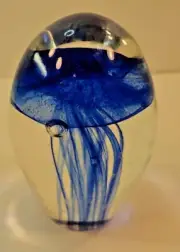 Egg Shaped 2 3/4" x 2" Clear Crystal Blue Jellyfish Bubbles Paperweight Vintage