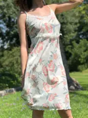 Women's Sleepwear Stretch White Lace-Trim Floral Print Nightie Sleep Dress PJs