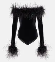 [Oseree] Oséree Feather-trimmed velvet bodysuit AU 12 black