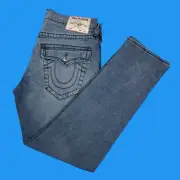 True Religion Mens Size 34x32 Geno Big T Flap Relaxed Slim Jeans Blue Denim