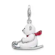 Sterling Silver Amore La Vita Rhodium-Plated Polished 3-D Enameled Polar Bear On Sled Charm With Fancy Lobster Clasp