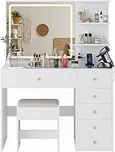 Ufurniture Dressing Table Stool Set Vanity Desk with LED Light and Charging Station, Make up Mirror Glass Tabletop, White
