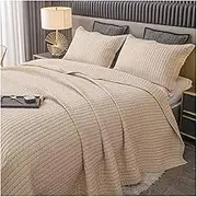 100% Cotton King Quilt Set Embroidery Bedspread Lightweight Ultra Soft Quilted Coverlet Set with Pillowcase for All Season, 3 PCS(Khaki)