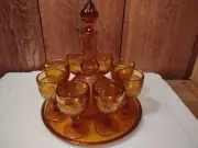 Tiara Indiana Glass Amber Gold Sandwich Tray Goblets Decanter 11 piece Wine Set