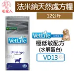 毛家人-義大利FARMINA法米納天然處方糧【VET LIFE犬用極低敏(水解蛋白)配方VD13】12公斤,處方飼料