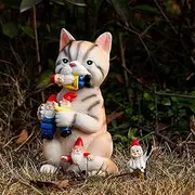 Garden Gnomes Outdoor, 7inch Resin Cat Eating Gnomes Statues, Funny Garden Landscape Cat Ornament for Art Yard Lawn Decorations