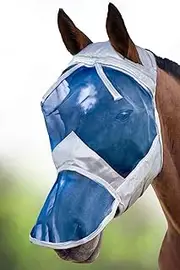 Harrison Howard CareMaster Fly Mask Full Face No Ears Silver/Blue Retro (M; Cob)