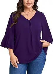 [SCOMCHIC] Plus Size Blouses for Women Dressy Casual 3/4 Tiered Bell Sleeve V Neck Elegant Shirts Work Tunic Tops
