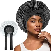 Abeillo Satin Sleep Cap, Double Layer Silk Cap, Night Sleep Cap with Band for Curly Hair, Reversible Hat in 2 Colours