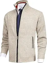 [Gsywaipei] Men's Collar Knitted Cardigan Winter Zip Up Male Knit Sweater Jacket Classic Long Sleeve Knits Sweaters Coat, Beige, XXL