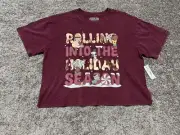 NWT Women’s Sz M Peanuts Rolling Into The Holiday.. Christmas T-Shirt Crop Tee