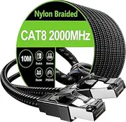 Ethernet Cable 10m Cat8 Long Internet Network Cable,High Speed 40Gbps 2000MHz Gigabit S/FTP Nylon Braided LAN Patch Cable,RJ45 Connector for PS5,Router,Gaming,TV,Xbox,Faster Than Cat5e/Cat6a/Cat7