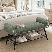LUE BONA 45.3" End of Bed Bench, Modern Bedroom Chenille Upholstered Shoe Benches, Ottoman with Stable Metal Frame and Solid Shelf for Bedroom, entryway, Living Room，Foyer, 330LB, Grayish Green