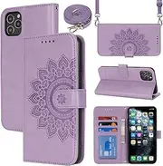 Cavor Crossbody Wallet for iPhone 11 Pro 5.8'' PU Leather Case Magnetic 3D Embossed Flower Women Flip Kickstand with Card Holder Shoulder Lanyard Protective Cover-Long Strap Flower Purple