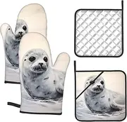 4 pcs Oven Mitts and Pot Holders Set 500°F Heat Resistant Oven Gloves and Hot Pads Kitchen Mittens Harp Seal Painting Cooking Gloves Potholders for Baking Grilling