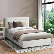 Oikiture King Single Bed Frame with Storage and Gas Lift Leather Bed White