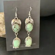 Green Handmade Navajo Spiderweb Turquoise Sterling Dangle Earrings 2" 13547