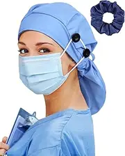 [Hachapy] Large Satin Lined Scrub Cap for Women Long Hair Nurse Head Cap Surgical Bonnet 4 Buttons