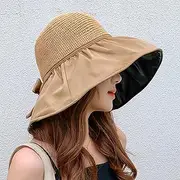 [Ling88] Women Foldable Sun Hat Quick Dry Summer Black Glue Bow Sun Hat Female Hollow Straw Hat Uv Protection Big Brim Face Sunscreen Sun Fisherman Hat Outdoor Portable Sunshade,3
