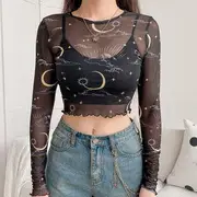 Crescent Print Long-Sleeve Cropped Mesh Top Black - L