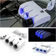 White Car Socket Splitter Cigarette Lighter 3 Way USB Ports Charger Adapter LED