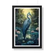 Framed Blue Heron Vertical Poster Fishing in the pond Print