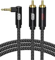 EMK RCA Cable Right Angle 3.5mm to 2RCA Cable 90 Degree AUX Audio Cable Y Splitter RCA (R&L) Nylon Braided AUX Cord for Smartphone, Speaker, Soundbar, Turntable, TV, Car Stereo (2 Meters)