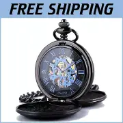 Elegant Mechanical Roman Numerals Skeleton Pocket Watch with Cowboy Chain