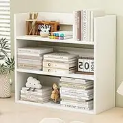 Hbluefat Desktop Organizer Shelf, Small Wood Desk Bookshelf, Tabletop Bookcase Display Storage Rack for Home Office Kitchen (3- Tier,White)