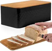 Bread Box for Kitchen Storage & Organisation, Black Bread Bin with Bamboo Cutting Board Lid ，Metal Bread Container Food Storage Containers (Black)