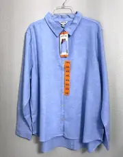Orvis Shirt Top Women's XXL Blue Roll Tab Long Sleeve Linen Blend Button Front