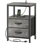 Nightstand with Charging Station, Side Table with Fabric Drawers, End Table