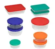 Pyrex Simply Store 18-Piece Glass Storage Set with Assorted Colored Lids