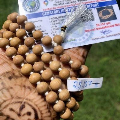 Lab Certified 8 mm 108+1 Bead 38" White Sandalwood Safed Chandan Jaap Japa Mala