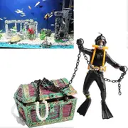 Treasure Hunter Ornament Aquarium Fish Action Figure Diver Scuba Diver Treasure Chest Black Tank Landscape Decor