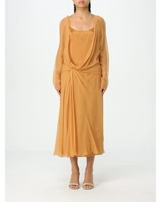 Alberta Ferretti Draped Silk Chiffon Midi Dress Women Brown Dresses