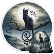 Scary Night Art Moonlight Companions Bats and Cat Round Beach Towel