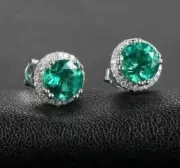 2Ct Lab Created Green Emerald Round Halo Stud Earring 14K White Gold Plated