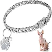 Cat Collar Diamond Chain Glitter Collar Walking Metal with Secure Buckle Cat Pet Necklace with Paw Charm Bell Link Cuban Jewelry Accessories(8 Inch,Silver)