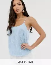 Sky Blue ASOS DESIGN Tall cami metallic fringe Stunning Top Plus Size 18 BNWT
