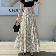 Elastic Waist Floral Print Tiered Maxi A-Line Skirt Almond - XL