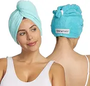 Turbie Twist 2-Pack Microfiber Hair Towel for Beauty, Travel, Gifting - Wrap Turban for Straight, Wavy & Curly Hair - Premium Personal Care - Dark Aqua & Light Aqua
